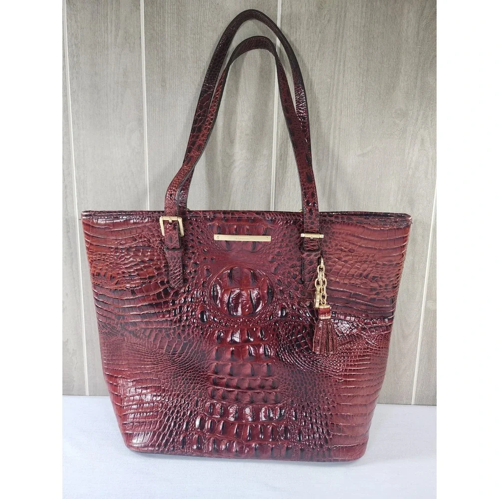 Brahmin Medium Asher Tote Women Croc Embossed Leather Pecan Melbourne Tassel Bag